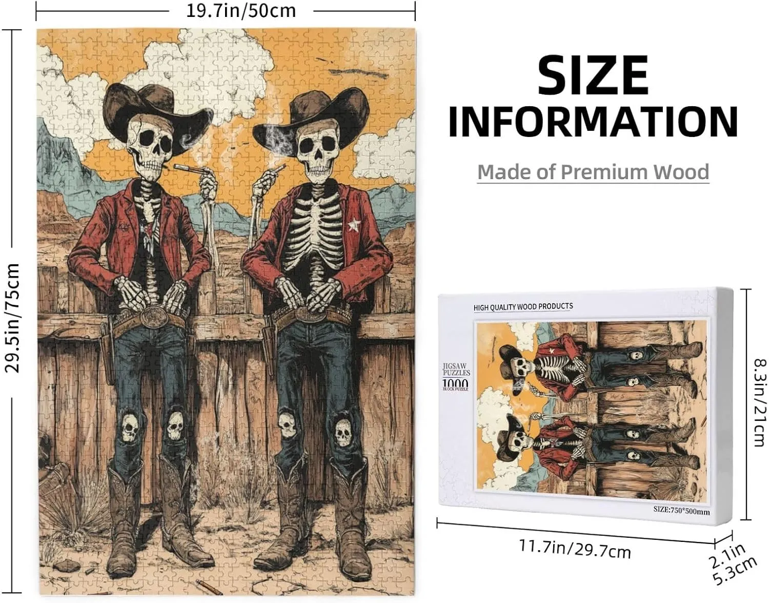 1000 Piece Wooden Puzzle for Adults,Two Skeleton Cowboys in Desert,Brain Training Challenge, Stress Relief Activity,Unique Artwork for Adult,Eco-Friendly Pieces，Gifts for Friends