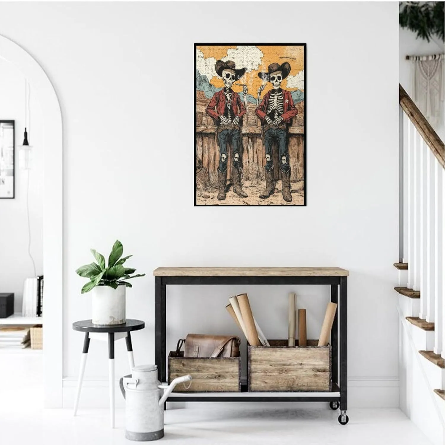 1000 Piece Wooden Puzzle for Adults,Two Skeleton Cowboys in Desert,Brain Training Challenge, Stress Relief Activity,Unique Artwork for Adult,Eco-Friendly Pieces，Gifts for Friends