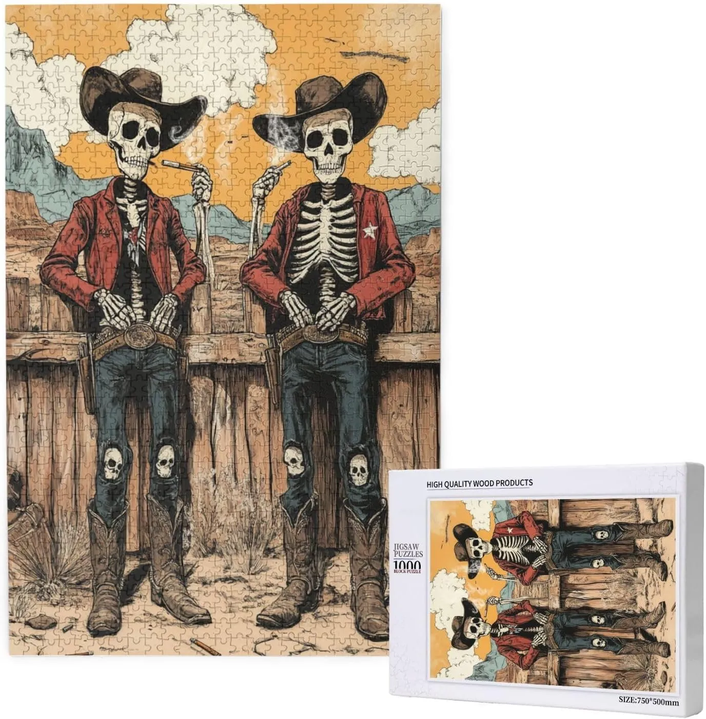 1000 Piece Wooden Puzzle for Adults,Two Skeleton Cowboys in Desert,Brain Training Challenge, Stress Relief Activity,Unique Artwork for Adult,Eco-Friendly Pieces，Gifts for Friends