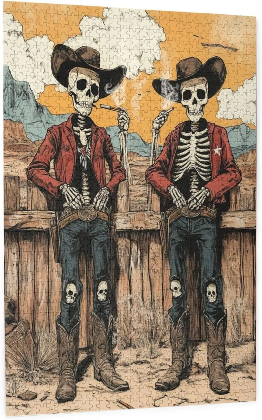 1000 Piece Wooden Puzzle for Adults,Two Skeleton Cowboys in Desert,Brain Training Challenge, Stress Relief Activity,Unique Artwork for Adult,Eco-Friendly Pieces，Gifts for Friends