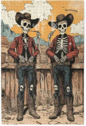 1000 Piece Wooden Puzzle for Adults,Two Skeleton Cowboys in Desert,Brain Training Challenge, Stress Relief Activity,Unique Artwork for Adult,Eco-Friendly Pieces，Gifts for Friends