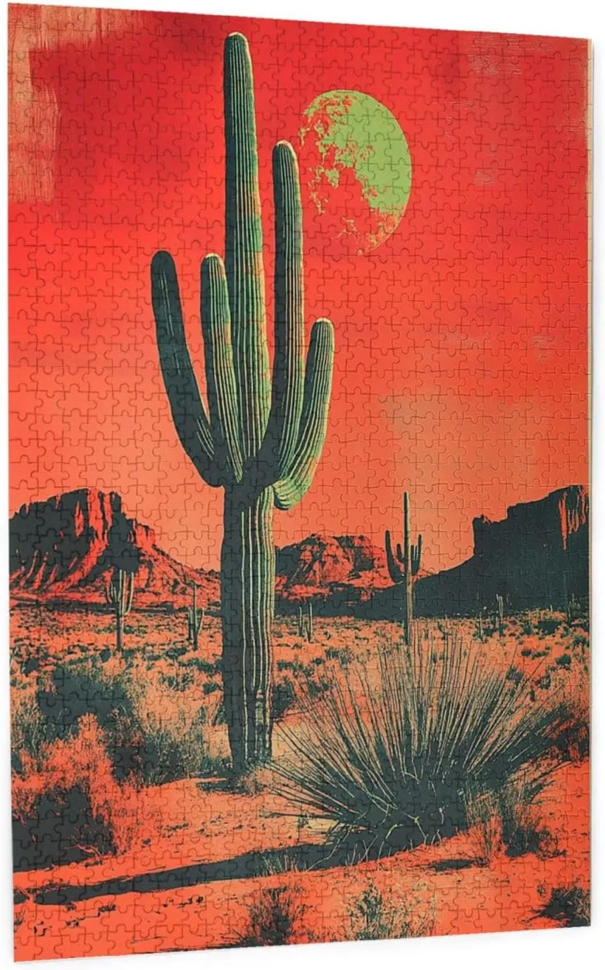 1000 Piece Wooden Puzzle for Adults,Vintage-Style Desert Landscape with Towering Saguaros,Brain Training Challenge,Stress Relief Activity,Retro Southwest Artwork,Eco-Friendly Pieces