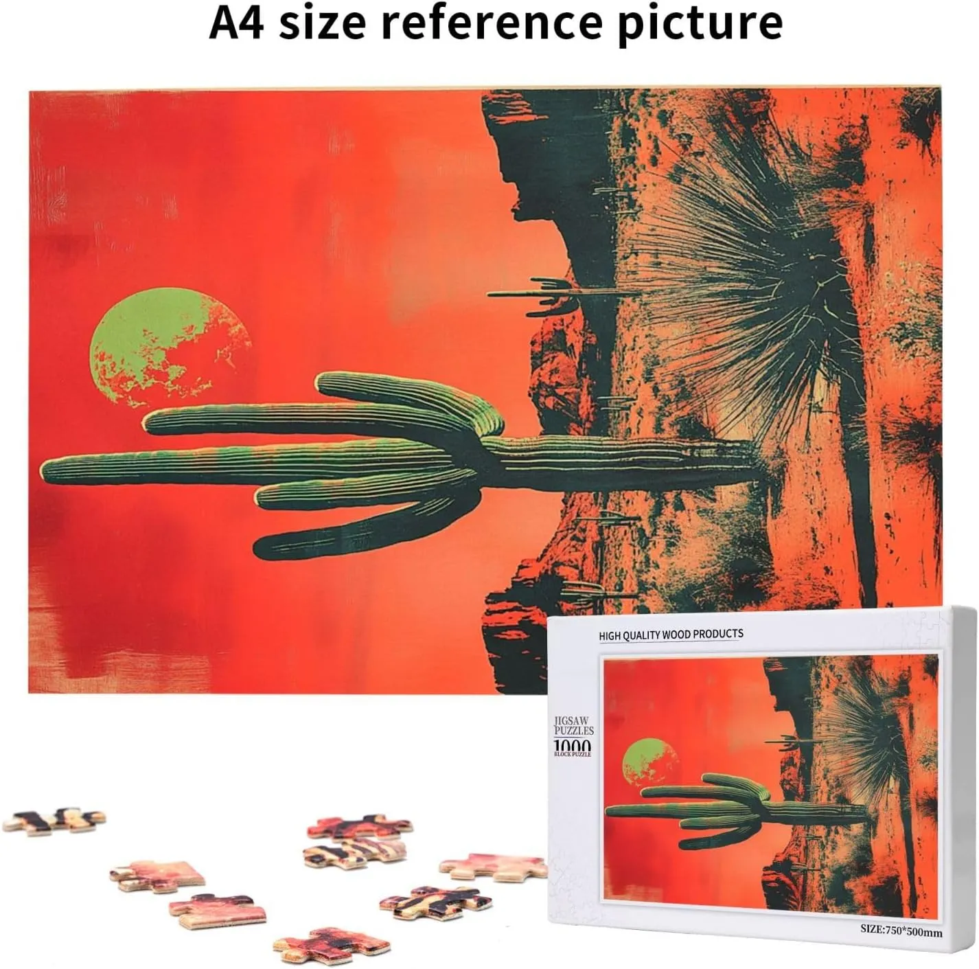 1000 Piece Wooden Puzzle for Adults,Vintage-Style Desert Landscape with Towering Saguaros,Brain Training Challenge,Stress Relief Activity,Retro Southwest Artwork,Eco-Friendly Pieces