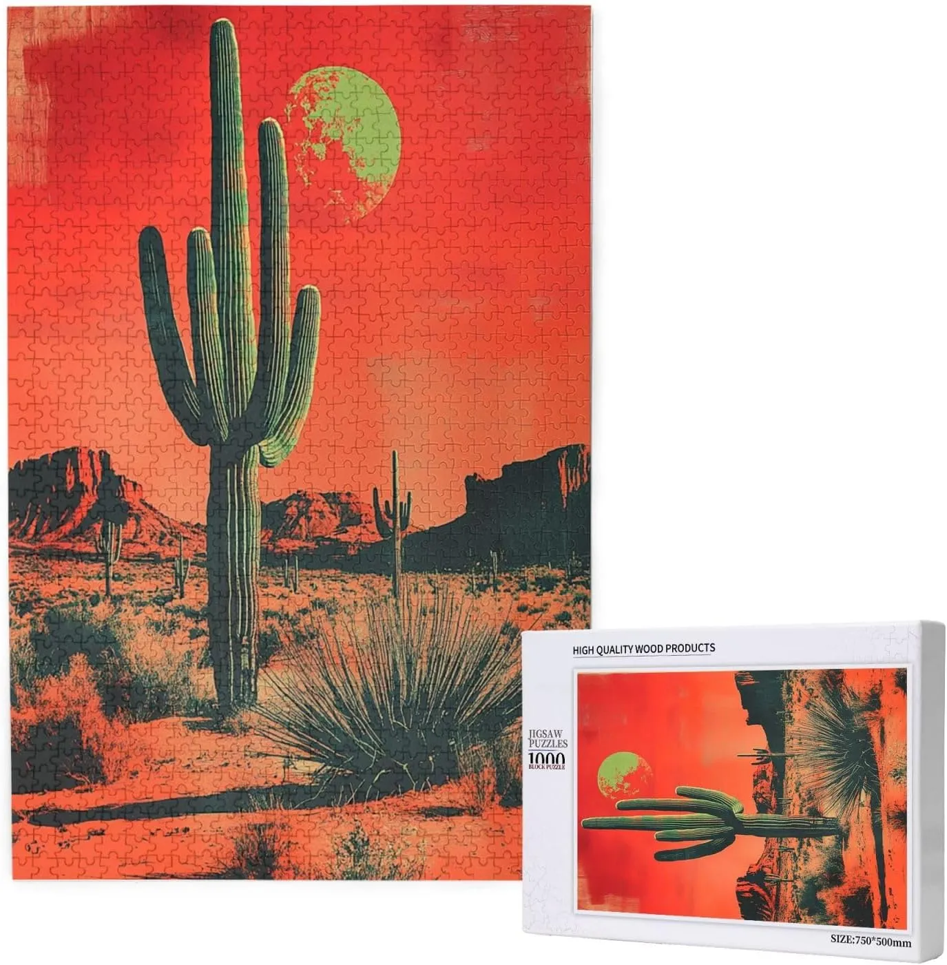 1000 Piece Wooden Puzzle for Adults,Vintage-Style Desert Landscape with Towering Saguaros,Brain Training Challenge,Stress Relief Activity,Retro Southwest Artwork,Eco-Friendly Pieces