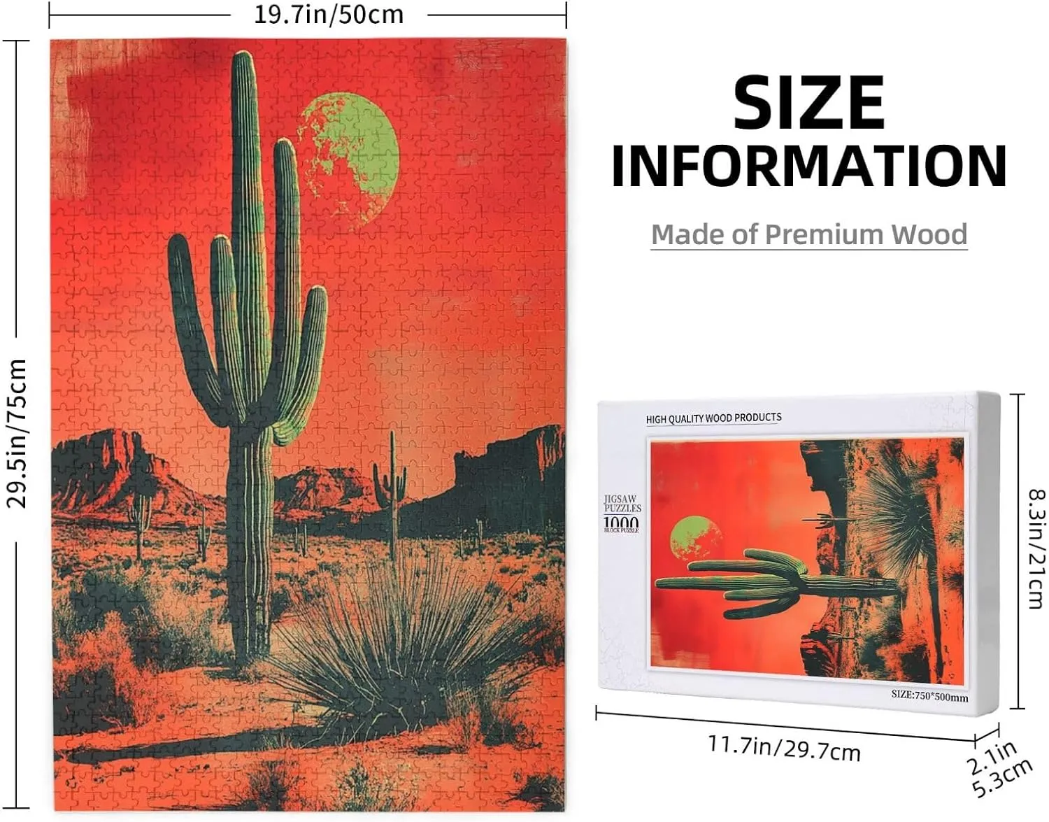 1000 Piece Wooden Puzzle for Adults,Vintage-Style Desert Landscape with Towering Saguaros,Brain Training Challenge,Stress Relief Activity,Retro Southwest Artwork,Eco-Friendly Pieces