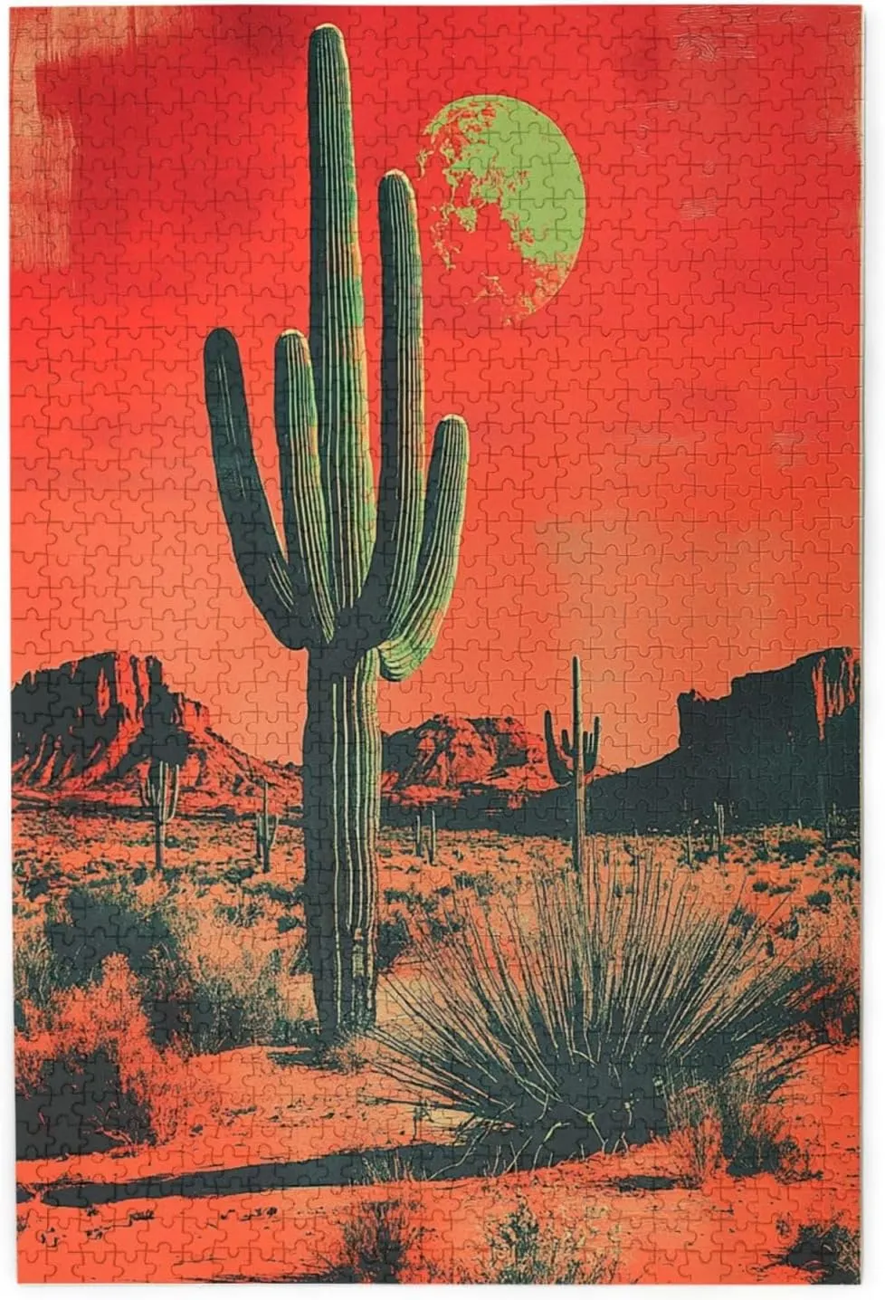 1000 Piece Wooden Puzzle for Adults,Vintage-Style Desert Landscape with Towering Saguaros,Brain Training Challenge,Stress Relief Activity,Retro Southwest Artwork,Eco-Friendly Pieces