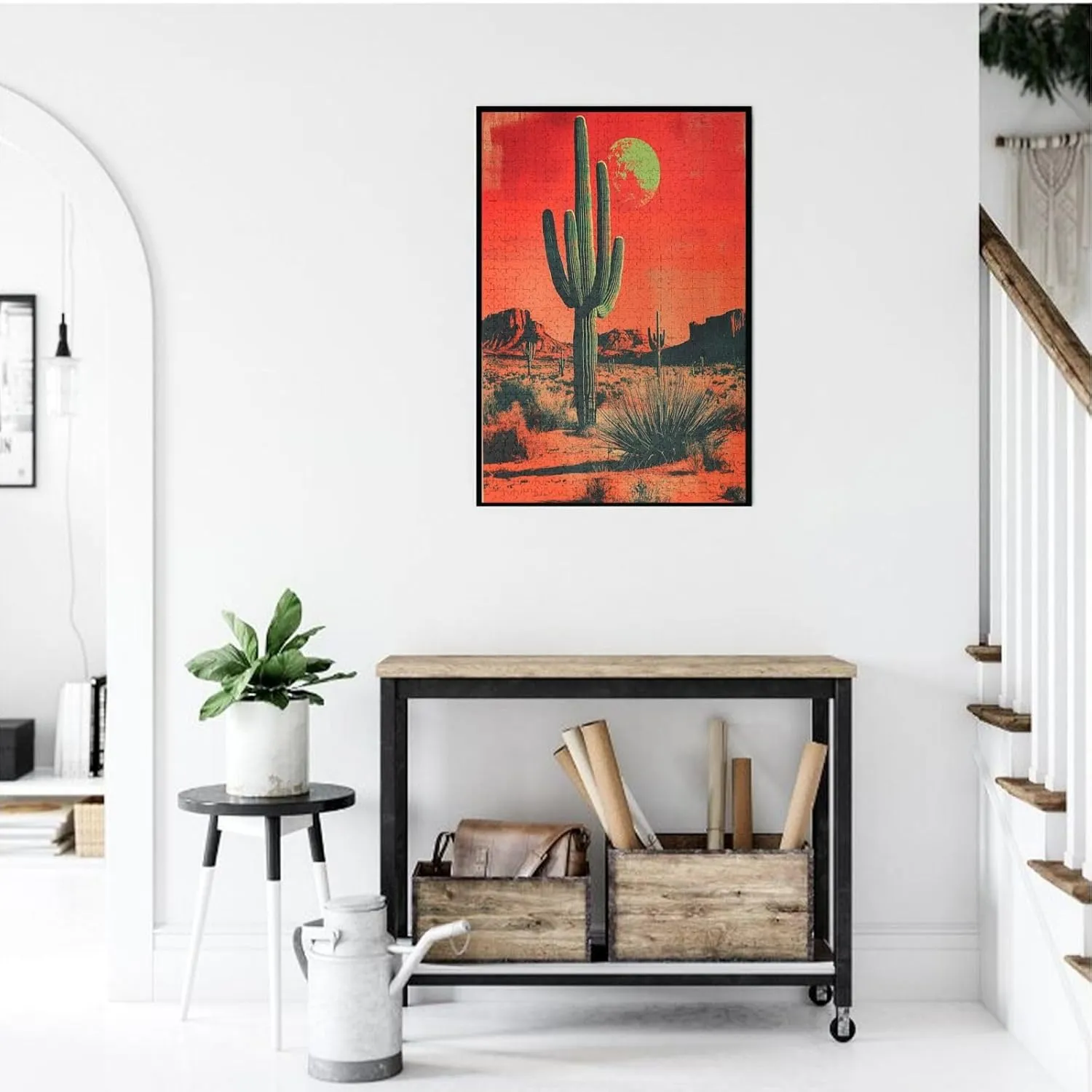 1000 Piece Wooden Puzzle for Adults,Vintage-Style Desert Landscape with Towering Saguaros,Brain Training Challenge,Stress Relief Activity,Retro Southwest Artwork,Eco-Friendly Pieces