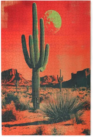 1000 Piece Wooden Puzzle for Adults,Vintage-Style Desert Landscape with Towering Saguaros,Brain Training Challenge,Stress Relief Activity,Retro Southwest Artwork,Eco-Friendly Pieces
