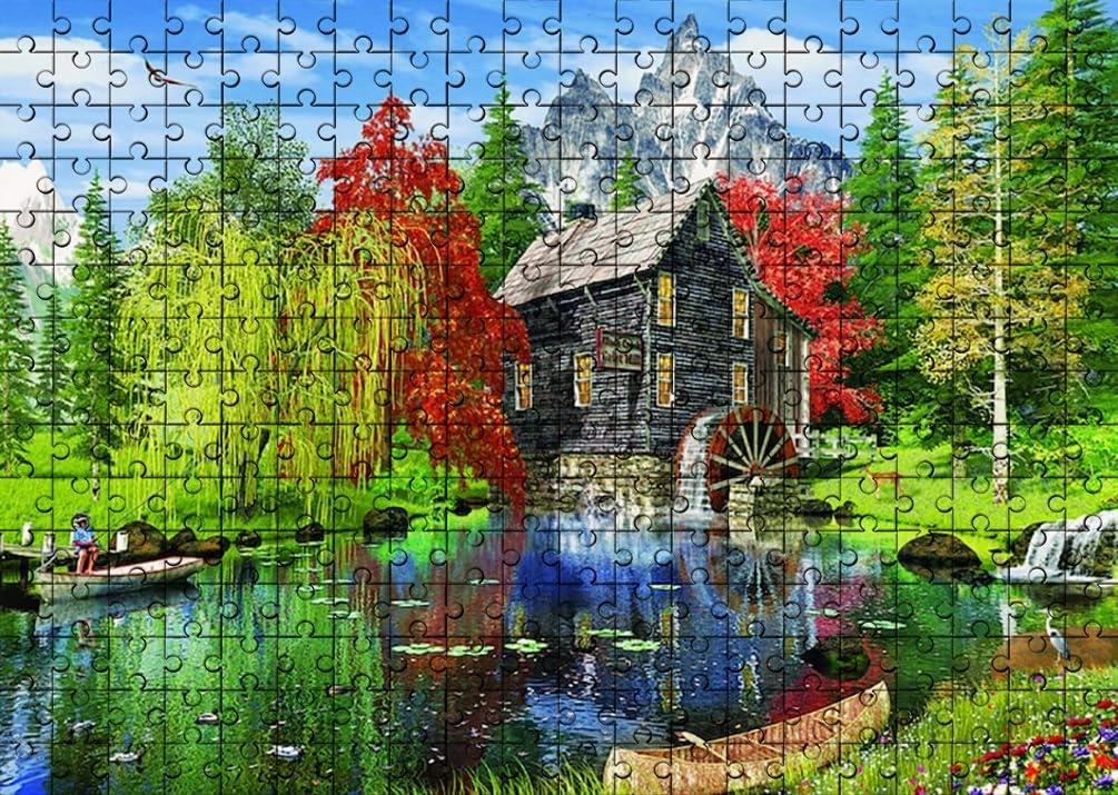 1000 Piece Jigsaw Puzzle for Adults Fishing by The Mill Wooden Puzzle Environmentally Friendly No Odor Challenging Educational Fun Family Holiday Activities Games Toys Gifts