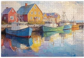 1000 Piece Wooden Jigsaw Puzzle for Adults, Vibrant Harbor Scene with Colorful Fishing Boats & Coastal Houses, Challenging Art Puzzle for Wall Decor,Ideal for Relaxation and Family Fun