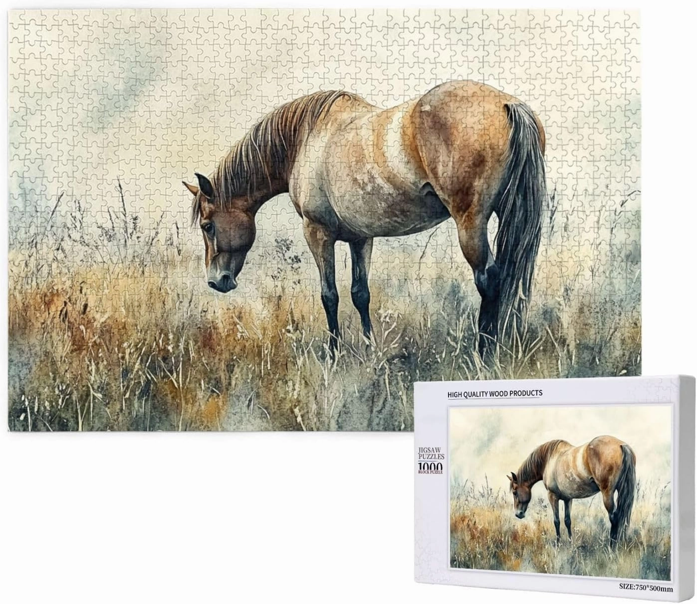 1000 Pieces of Adult Wooden Puzzle - Horses grazing on The Grassland,Unique and Beautiful Design,an Ideal Choice for Exercising brainpower，Thoughts soar，Gifts for Family and Friends