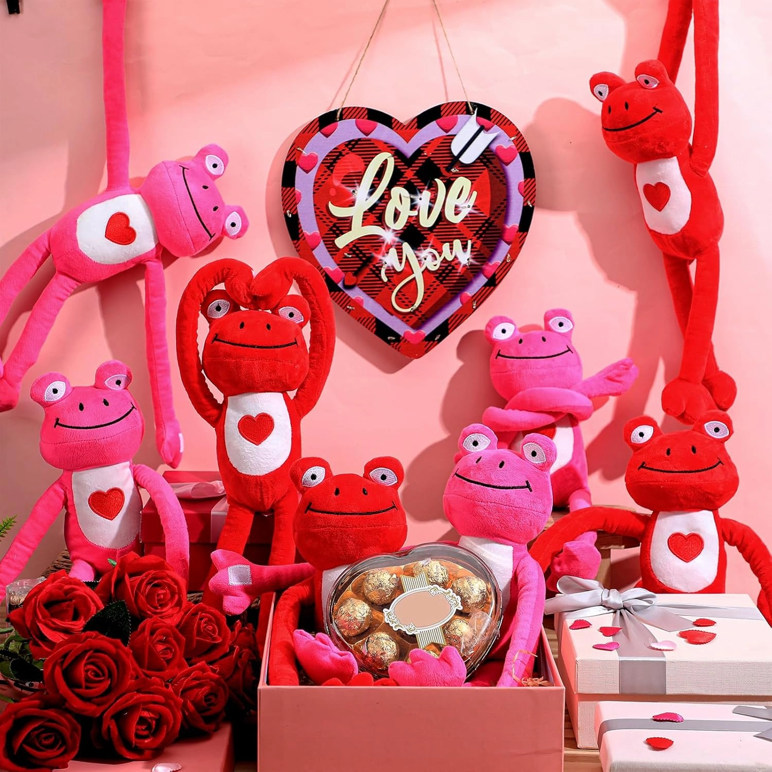 10 Pack Red Pink Hanging Animal for Kids Bulk 19.7 Inch Plush Stuffed Cute Plush Doll with Hand Soft Romantic Toy Furry Stuffed Animal for Wedding Birthday Gift(Frog)