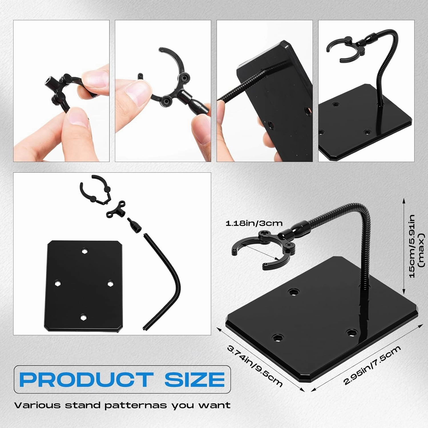12 Pcs Action Figure Stands for 8 to 12 Inches Dolls Flexible Assembled Action Figure Display Holder with Adjustable Metal Support Arm Stands Base(Black)