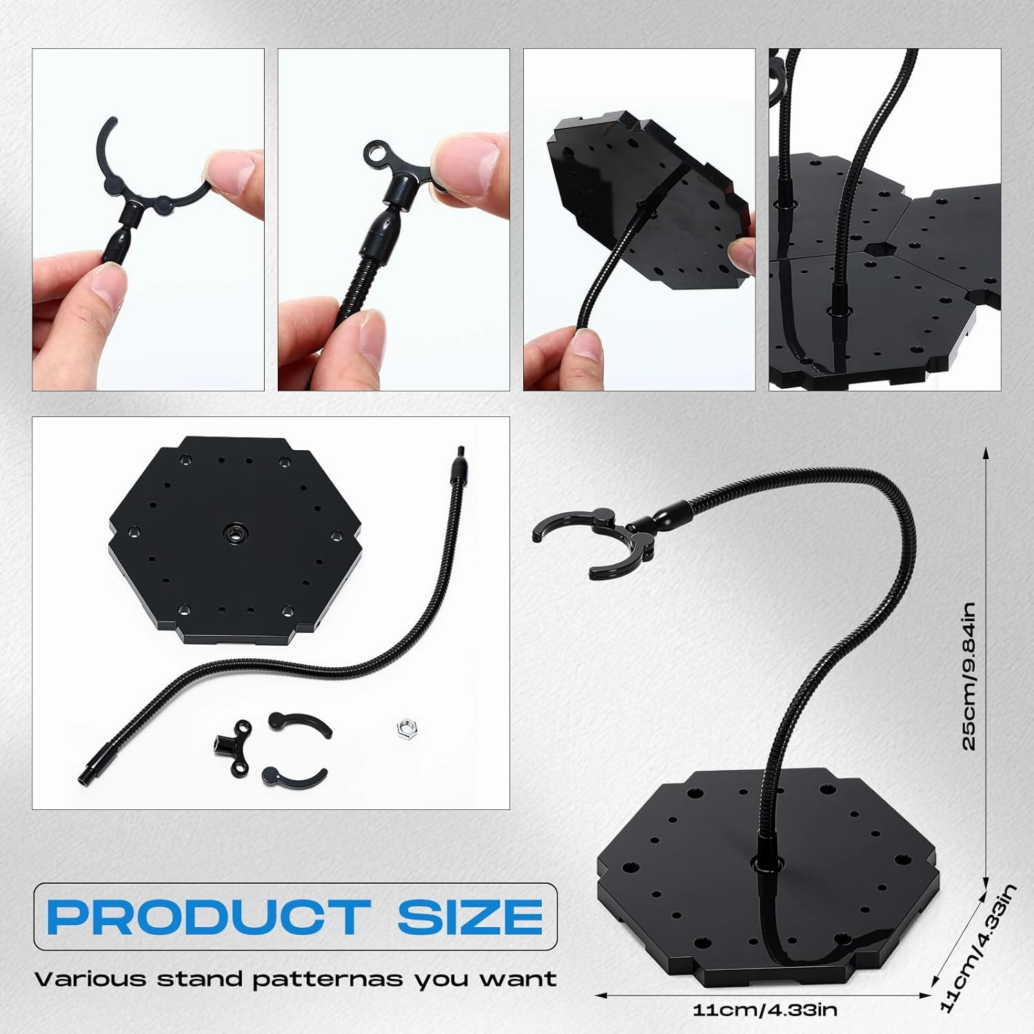 12 Pcs Action Figure Stands for 8 to 12 Inches Dolls Flexible Assembled Action Figure Display Holder with Adjustable Metal Support Arm Stands Base Compatible with HG/RG 1/144 Toy (Black)