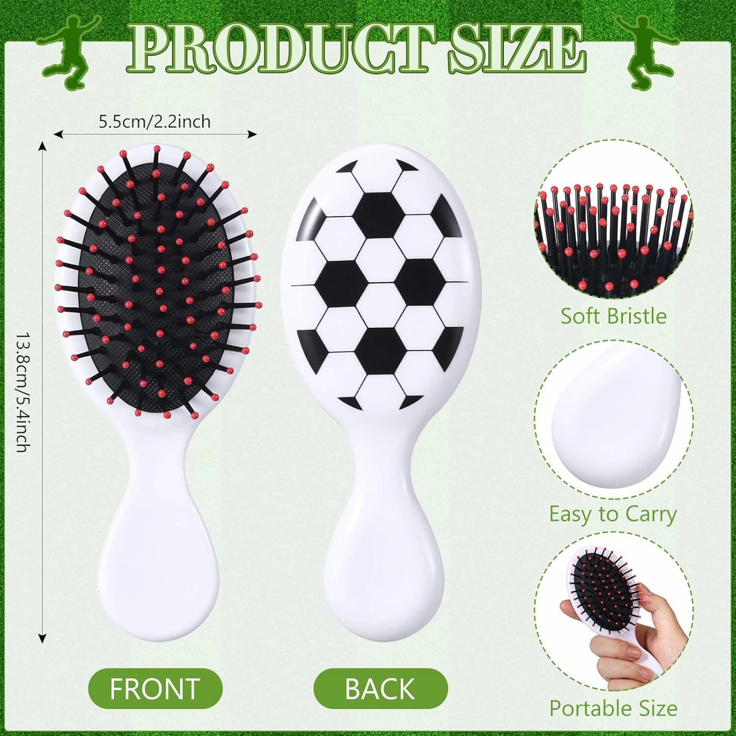 12 Pcs Hair Brush Set - Mini Detangler Brushes with Soccer Design for Team Gifts and Sport Parties, White