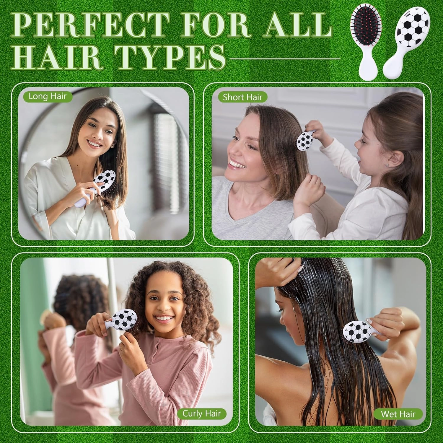 12 Pcs Hair Brush Set - Mini Detangler Brushes with Soccer Design for Team Gifts and Sport Parties, White