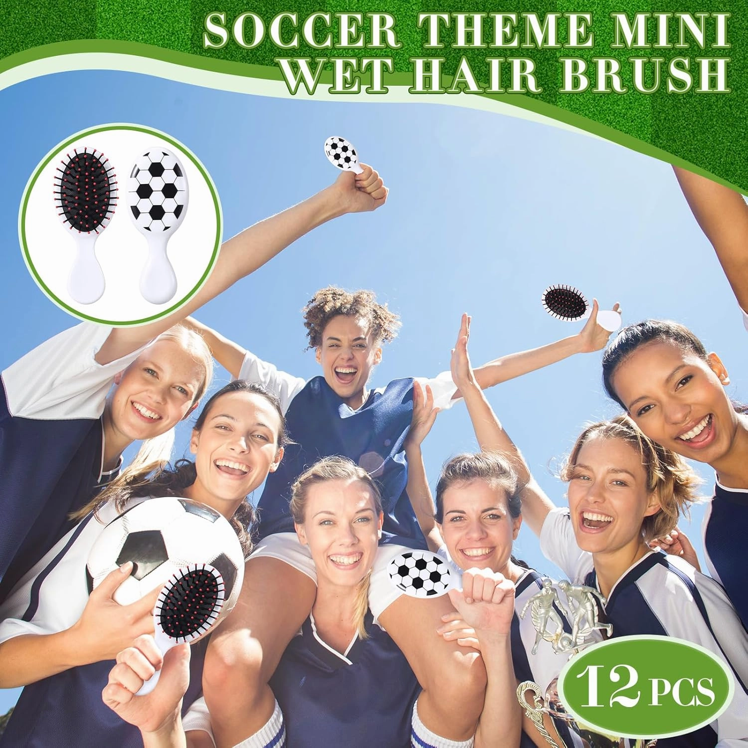 12 Pcs Hair Brush Set - Mini Detangler Brushes with Soccer Design for Team Gifts and Sport Parties, White