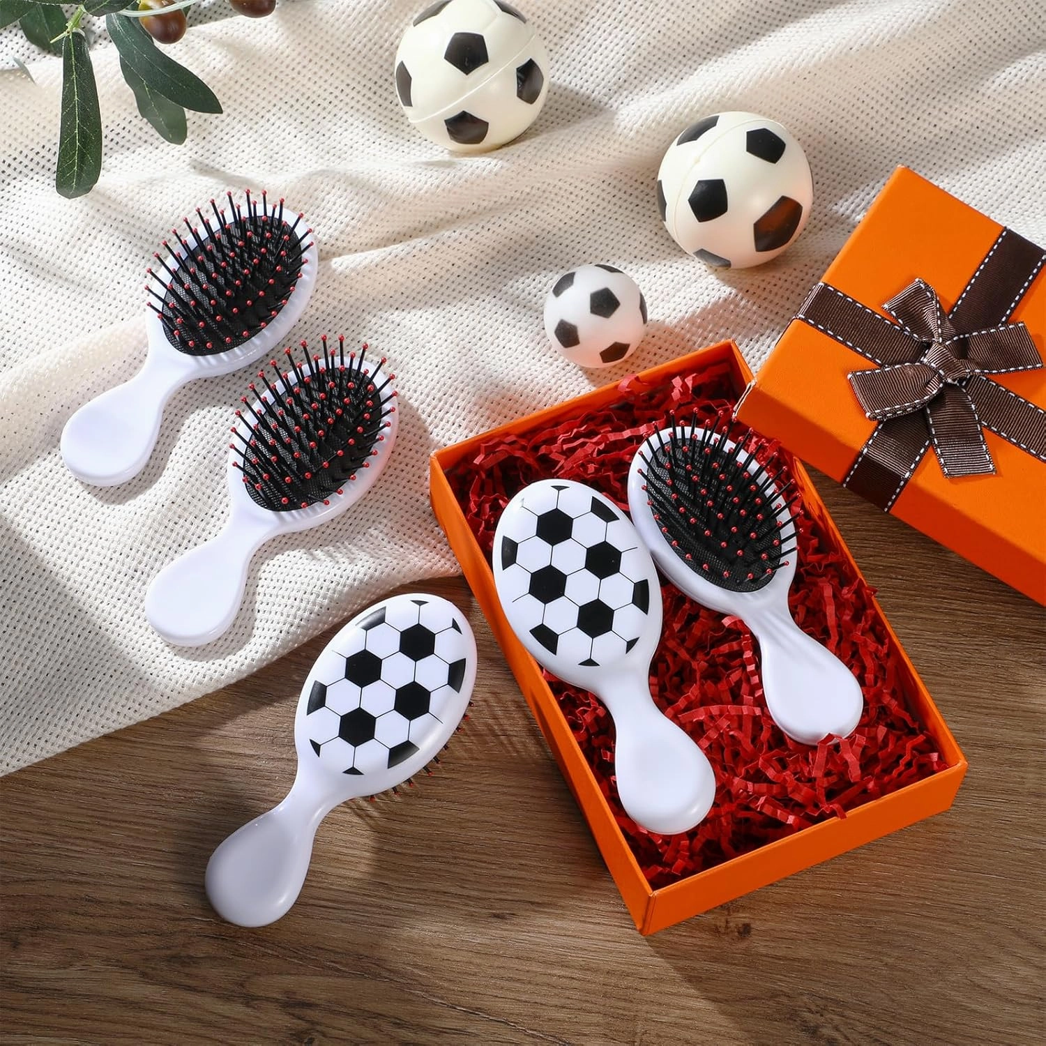 12 Pcs Hair Brush Set - Mini Detangler Brushes with Soccer Design for Team Gifts and Sport Parties, White