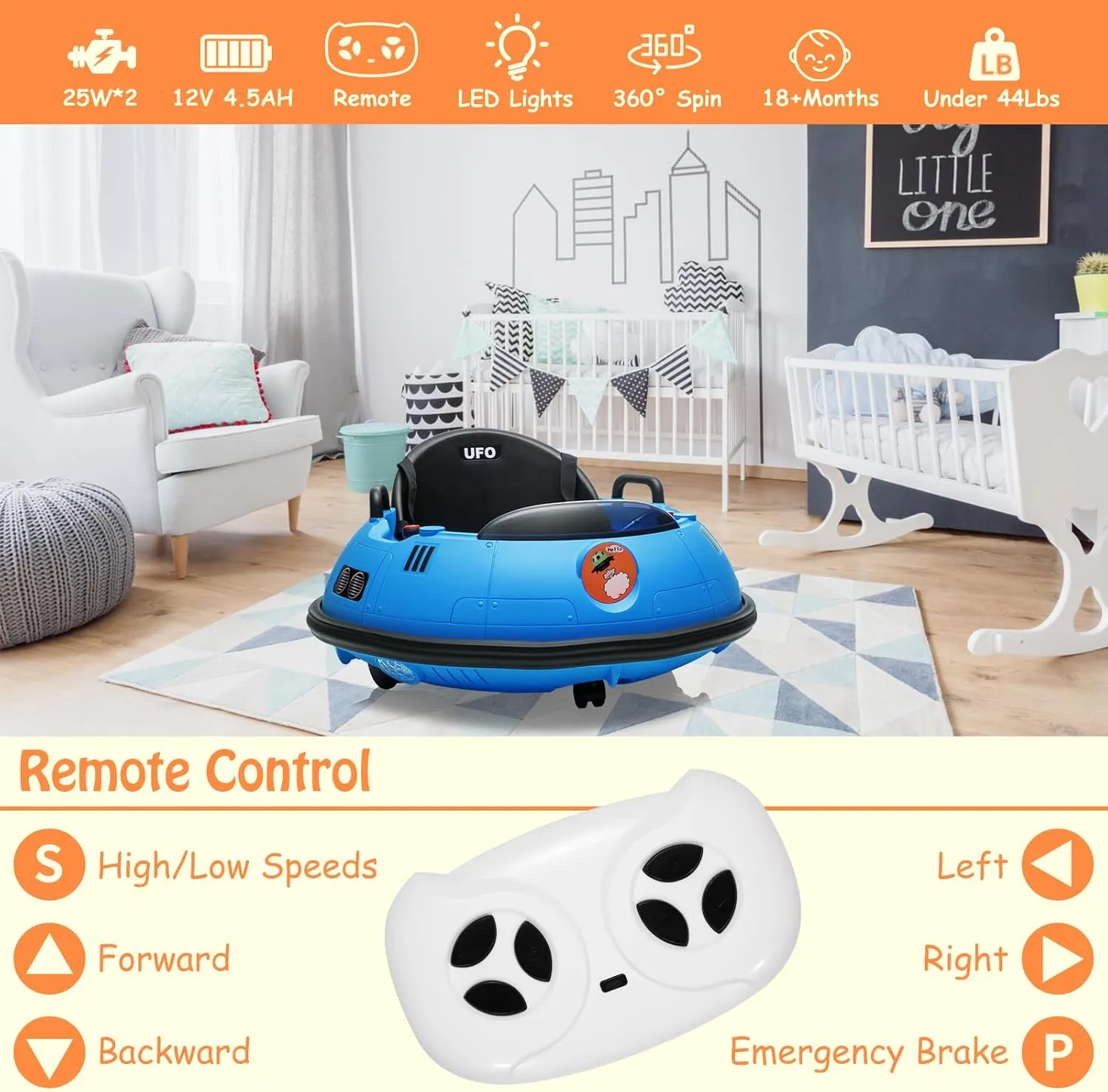 12V Electric Ride on Bumper Car for Toddlers, Kids Bumper Car with Remote Control, LED Lights & 360 Degree Spin, Indoor and Outdoor for 18  Months Kids (Blue)
