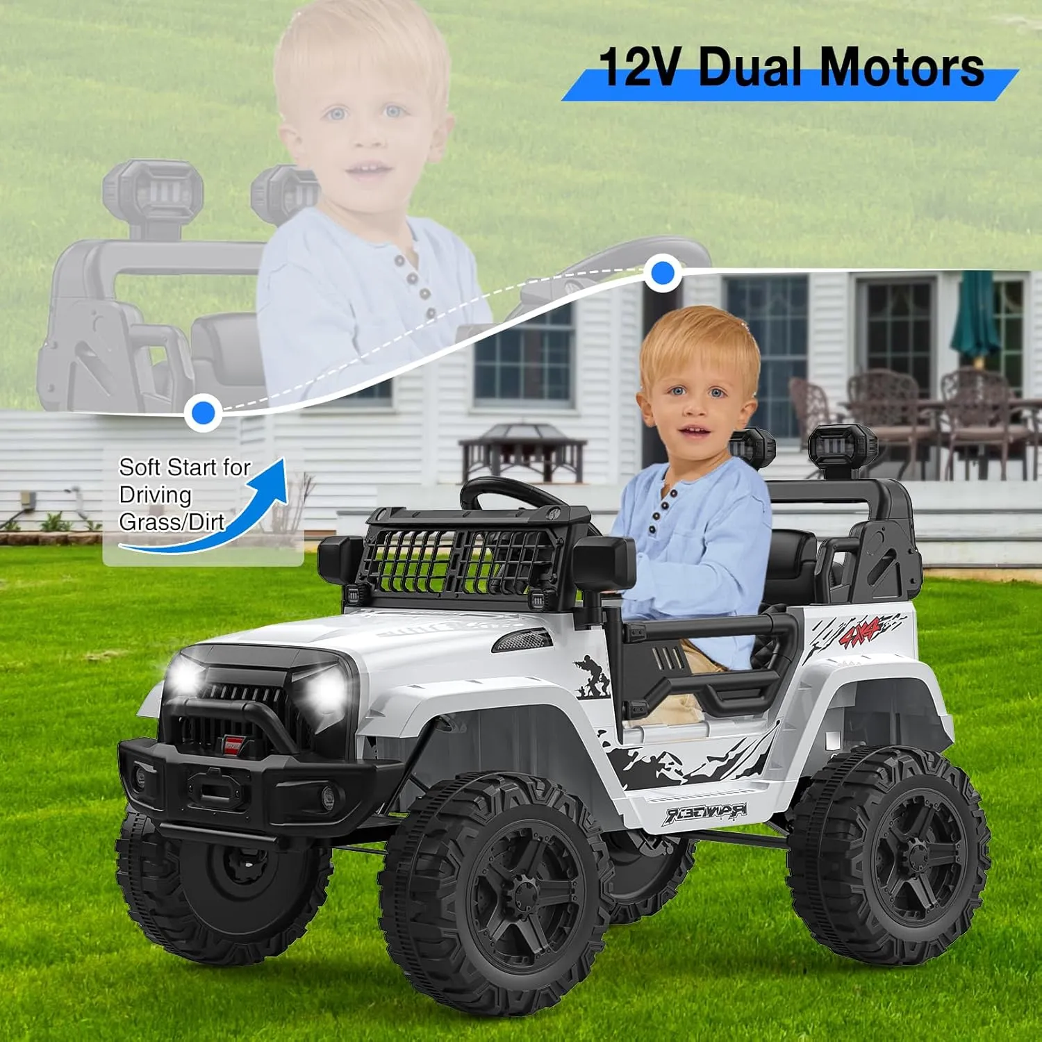 12V Kids Electric Ride On Truck Car w/Parent Remote Control, Spring Suspension, LED Lights & AUX Port | Outdoor Ride Toy for Boys Girls 37-96 Months