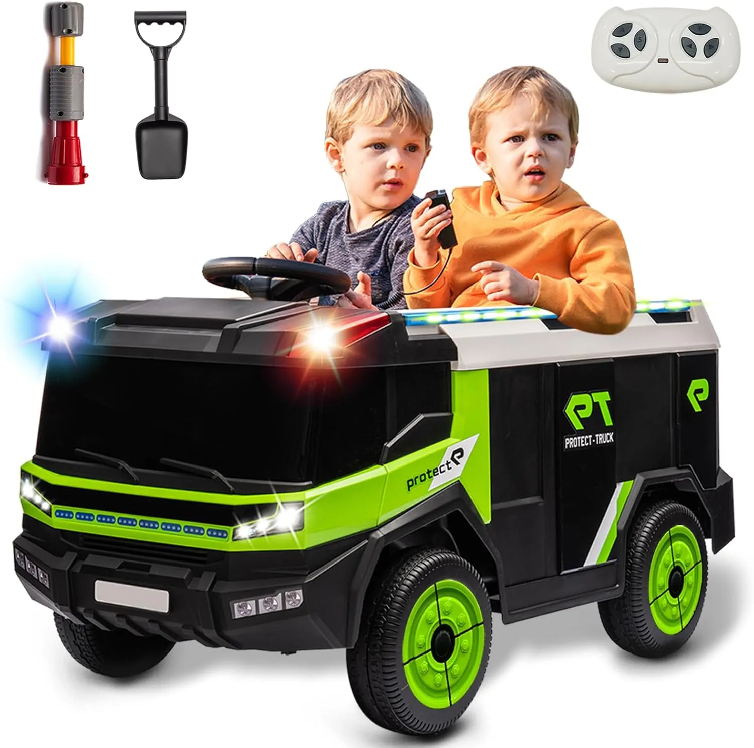 12V Ride On Fire Truck,2 Seater Ride on Car,Kids Electric Vehicle,Battery Powered Car Toy with Remote Control,Electric Fire Vehicle with Spring Suspension,Water Gun,Loudspeaker-Green