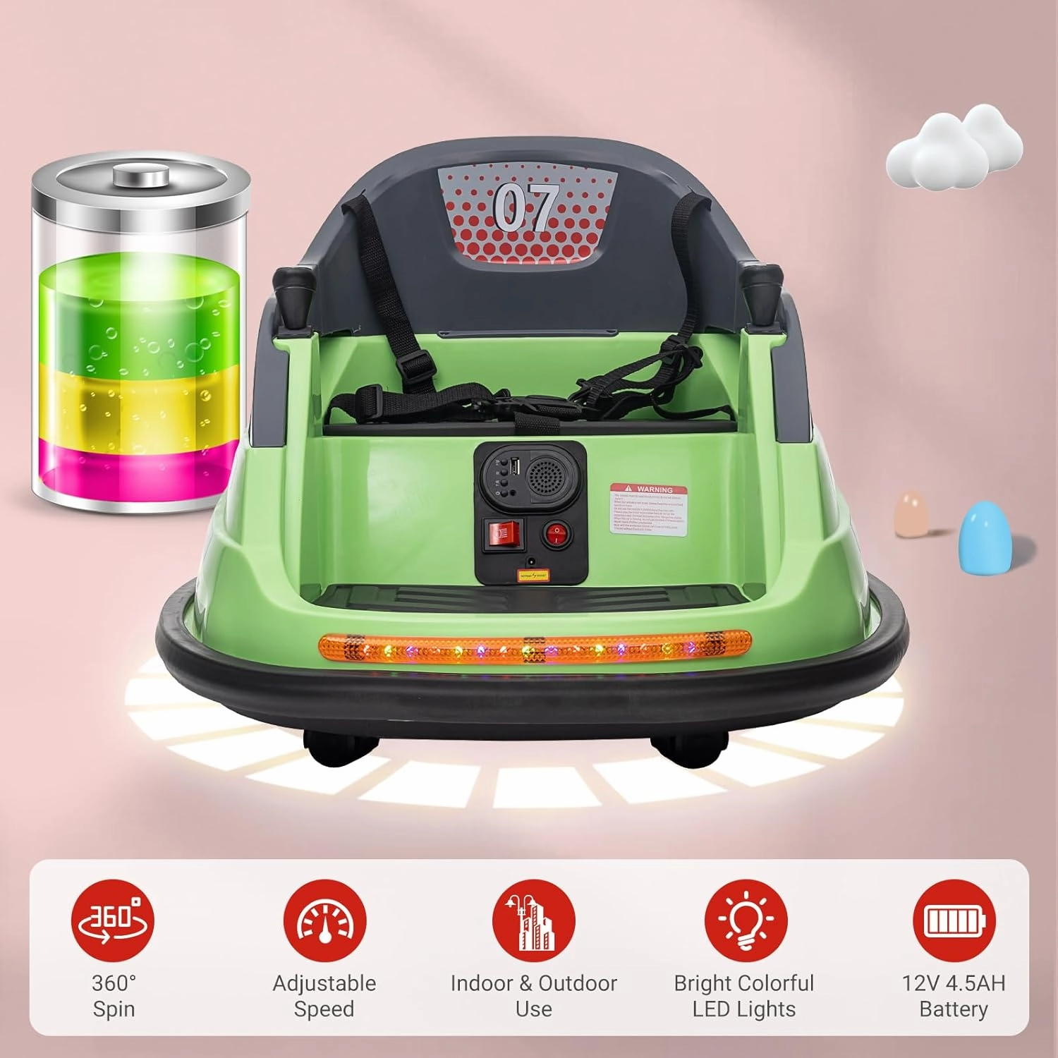 12V Kids Ride On Bumper Car, Toddlers Bumper Car with Remote Control, 360 Degree Spin, LED Lights, Music, Electric Kids Car, Ride On Toy for Boys Girls, Green