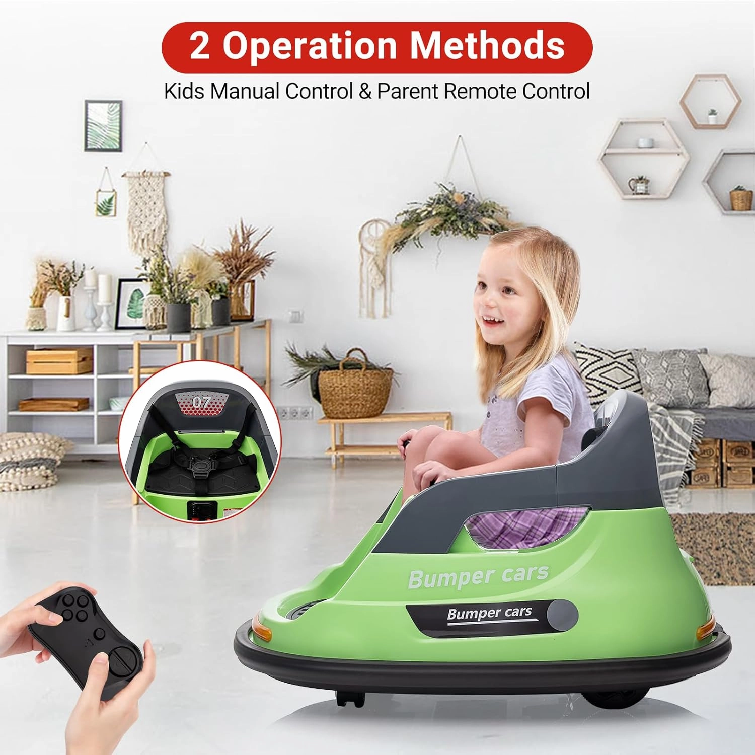 12V Kids Ride On Bumper Car, Toddlers Bumper Car with Remote Control, 360 Degree Spin, LED Lights, Music, Electric Kids Car, Ride On Toy for Boys Girls, Green