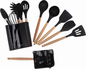 13pcs Camping Cookware Set with Rack Storage Box - Outdoor Heat Resistant Picnic Cookware Kit, Safe Odorless Black Camping Mess Kit Wooden Handle Camping Cookware Mess Kit