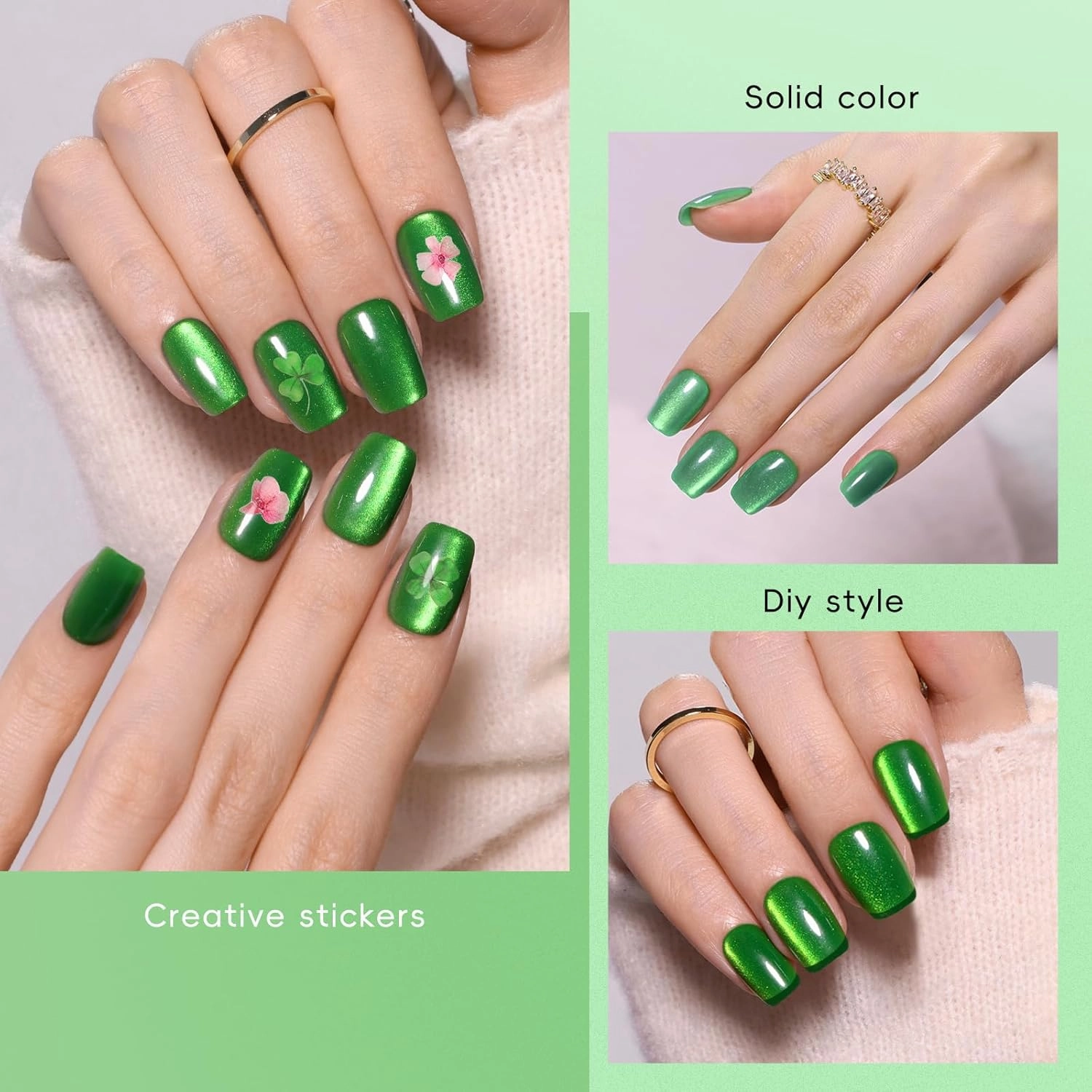 150Pcs Sheer Green Cat Eye Press on Nails Short Square for Women, 5 Colors Translucent Jelly Magnetic Gel Nails with Shamrock Flower Stickers, Salon-Like Fake Nails Kit for St. Patrick's Day