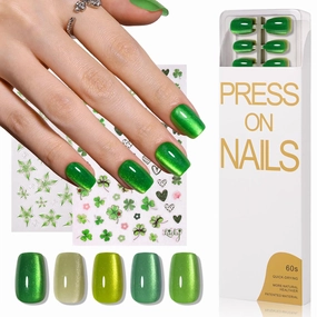 150Pcs Sheer Green Cat Eye Press on Nails Short Square for Women, 5 Colors Translucent Jelly Magnetic Gel Nails with Shamrock Flower Stickers, Salon-Like Fake Nails Kit for St. Patrick's Day