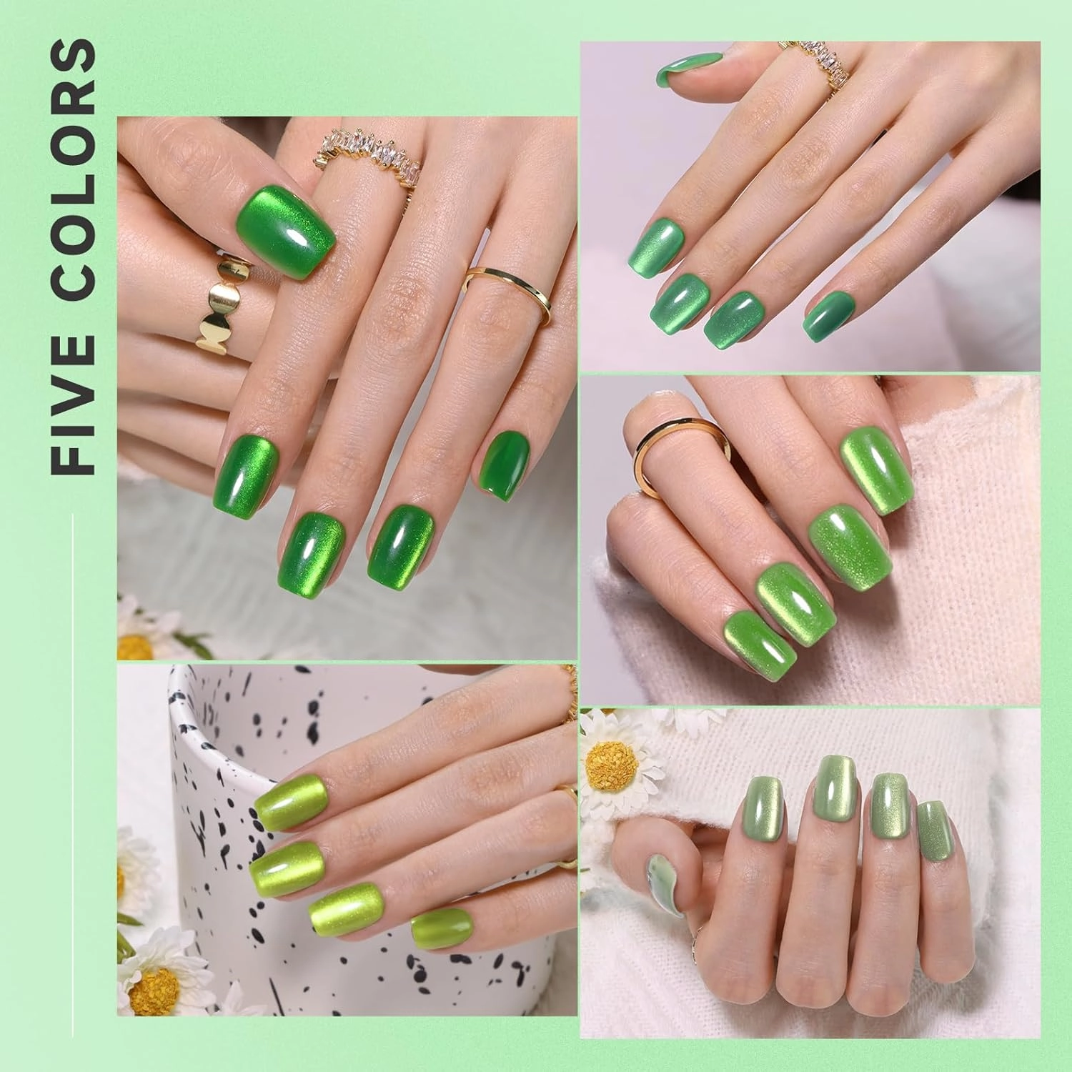 150Pcs Sheer Green Cat Eye Press on Nails Short Square for Women, 5 Colors Translucent Jelly Magnetic Gel Nails with Shamrock Flower Stickers, Salon-Like Fake Nails Kit for St. Patrick's Day