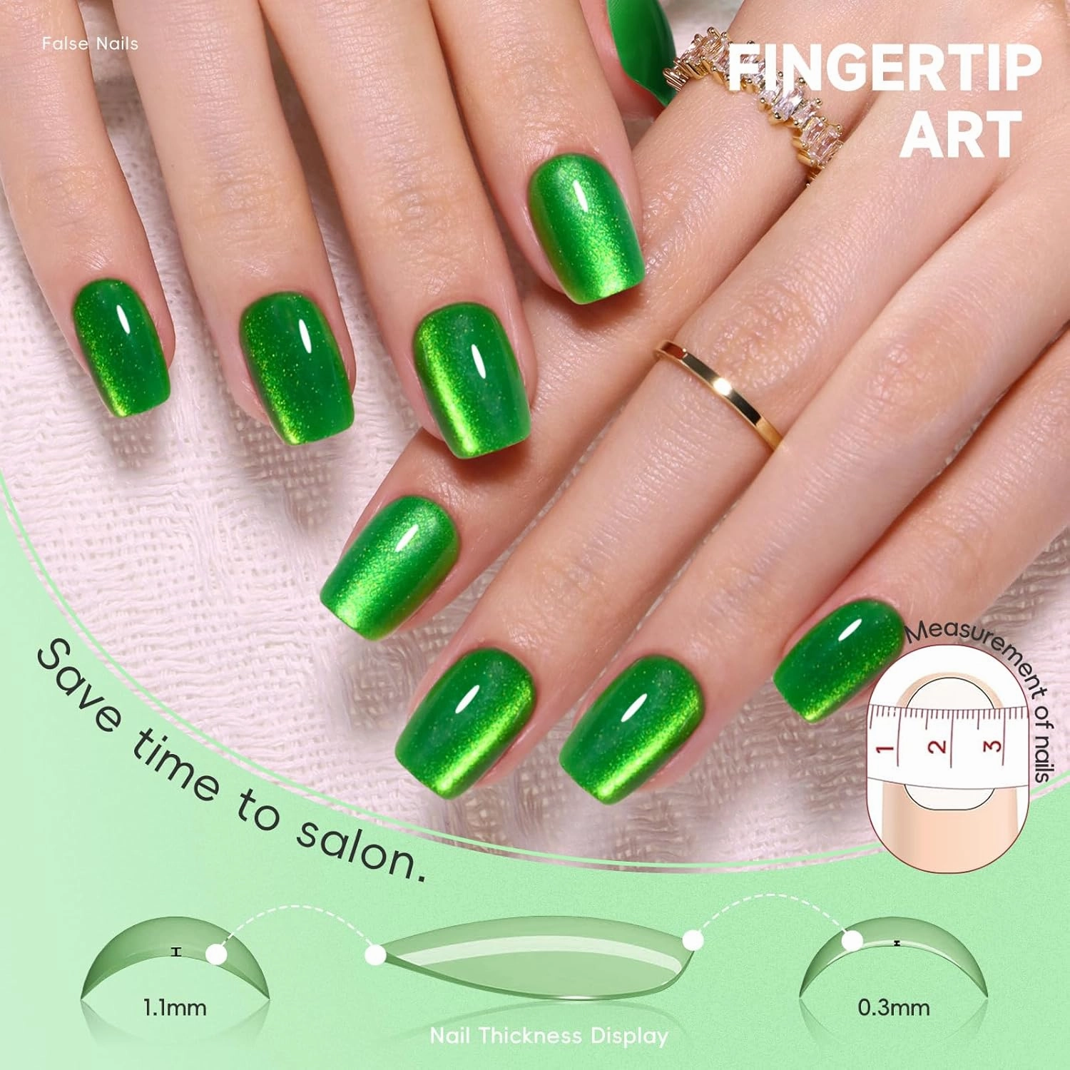 150Pcs Sheer Green Cat Eye Press on Nails Short Square for Women, 5 Colors Translucent Jelly Magnetic Gel Nails with Shamrock Flower Stickers, Salon-Like Fake Nails Kit for St. Patrick's Day