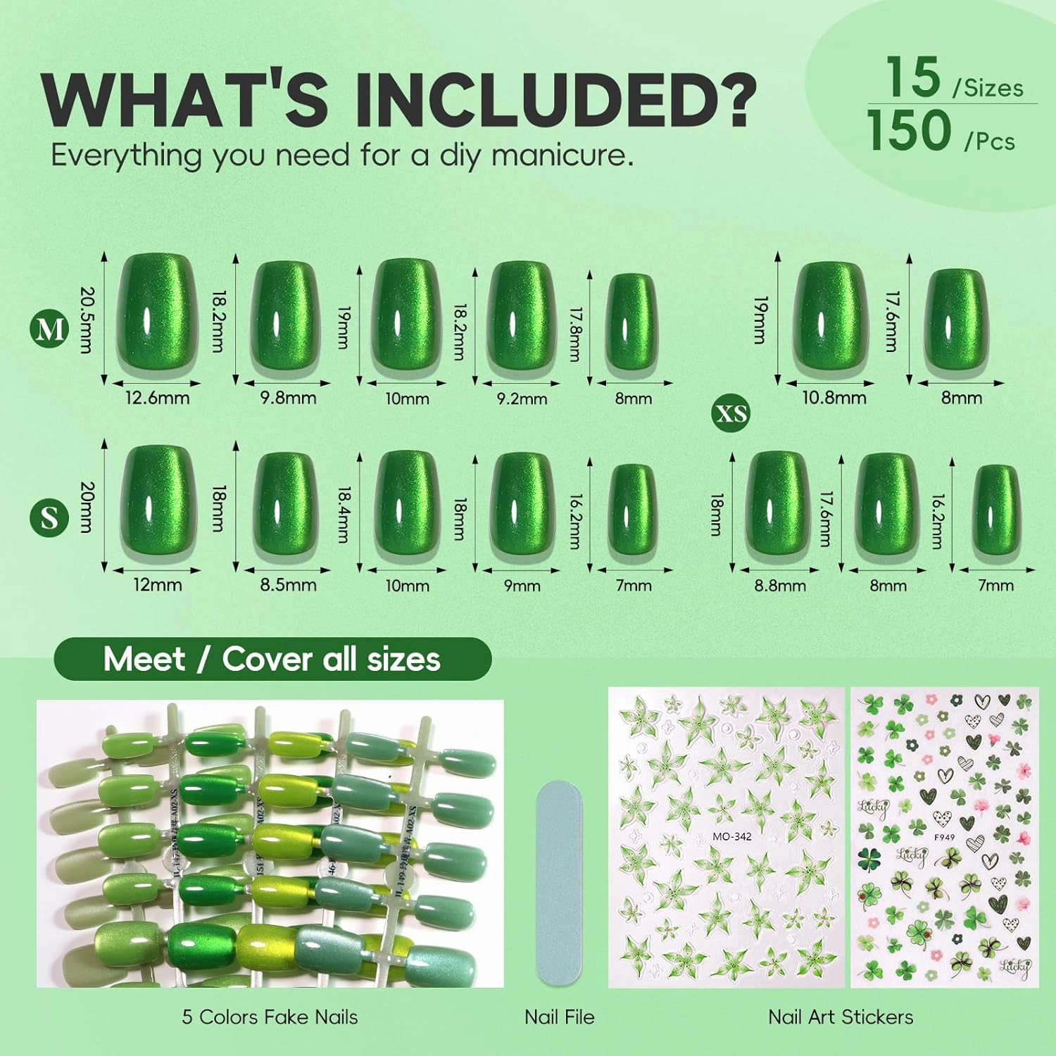 150Pcs Sheer Green Cat Eye Press on Nails Short Square for Women, 5 Colors Translucent Jelly Magnetic Gel Nails with Shamrock Flower Stickers, Salon-Like Fake Nails Kit for St. Patrick's Day