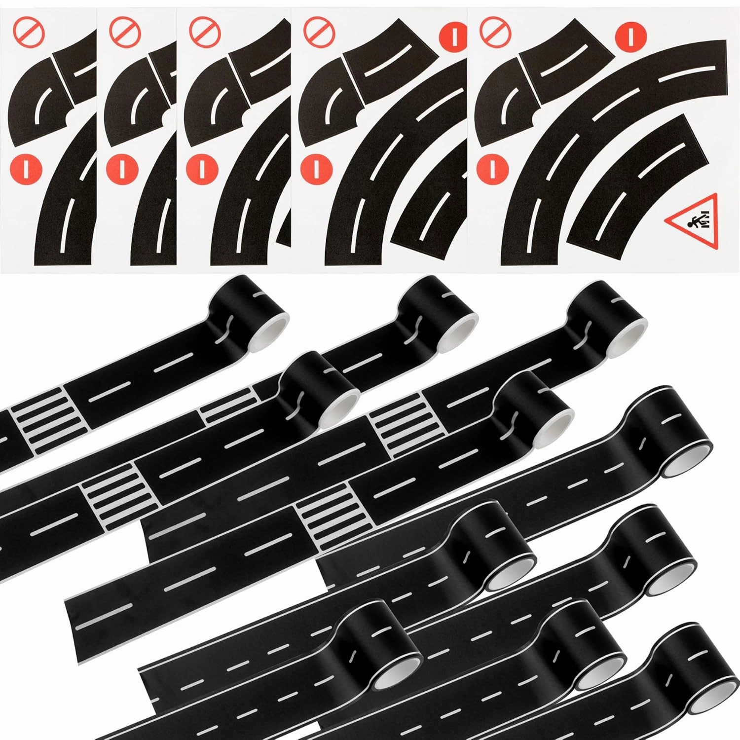 15 Rolls 16.4 Feet Road Play Tape and Curves Black Road Tapes for Kids Racing Party Decoration, 3 Styles