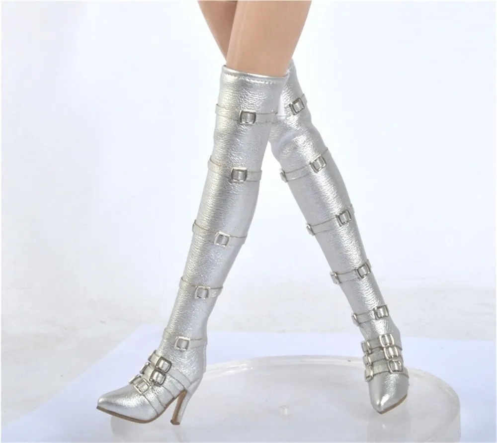 1/6 Scale Female Soldier Model Figure Doll High Heel Boots ST09 for 12" Movable Doll Action Figure，Flexible Seamless Doll Miniatures Accessories Doll(Silver)