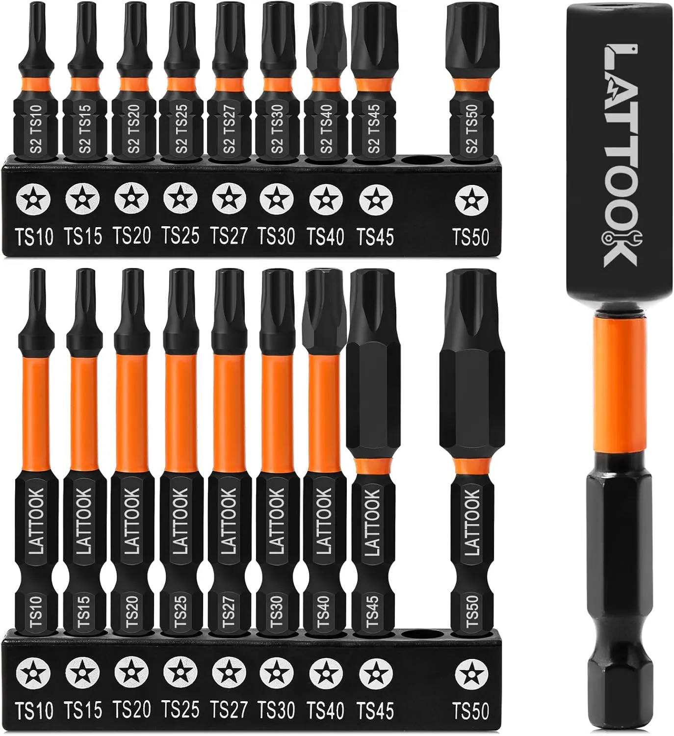 19-Pieces 5 Point Star Torx Bit Set, LATTOOK Security Tamper Proof Torx Driver Bit Set, Magnetic S2 Steel, 2.3'' & 1'' Long, T10, T15, T20, T25, T27, T30, T40, T45, T50