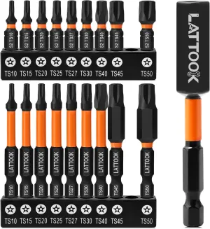 19-Pieces 5 Point Star Torx Bit Set, LATTOOK Security Tamper Proof Torx Driver Bit Set, Magnetic S2 Steel, 2.3'' & 1'' Long, T10, T15, T20, T25, T27, T30, T40, T45, T50