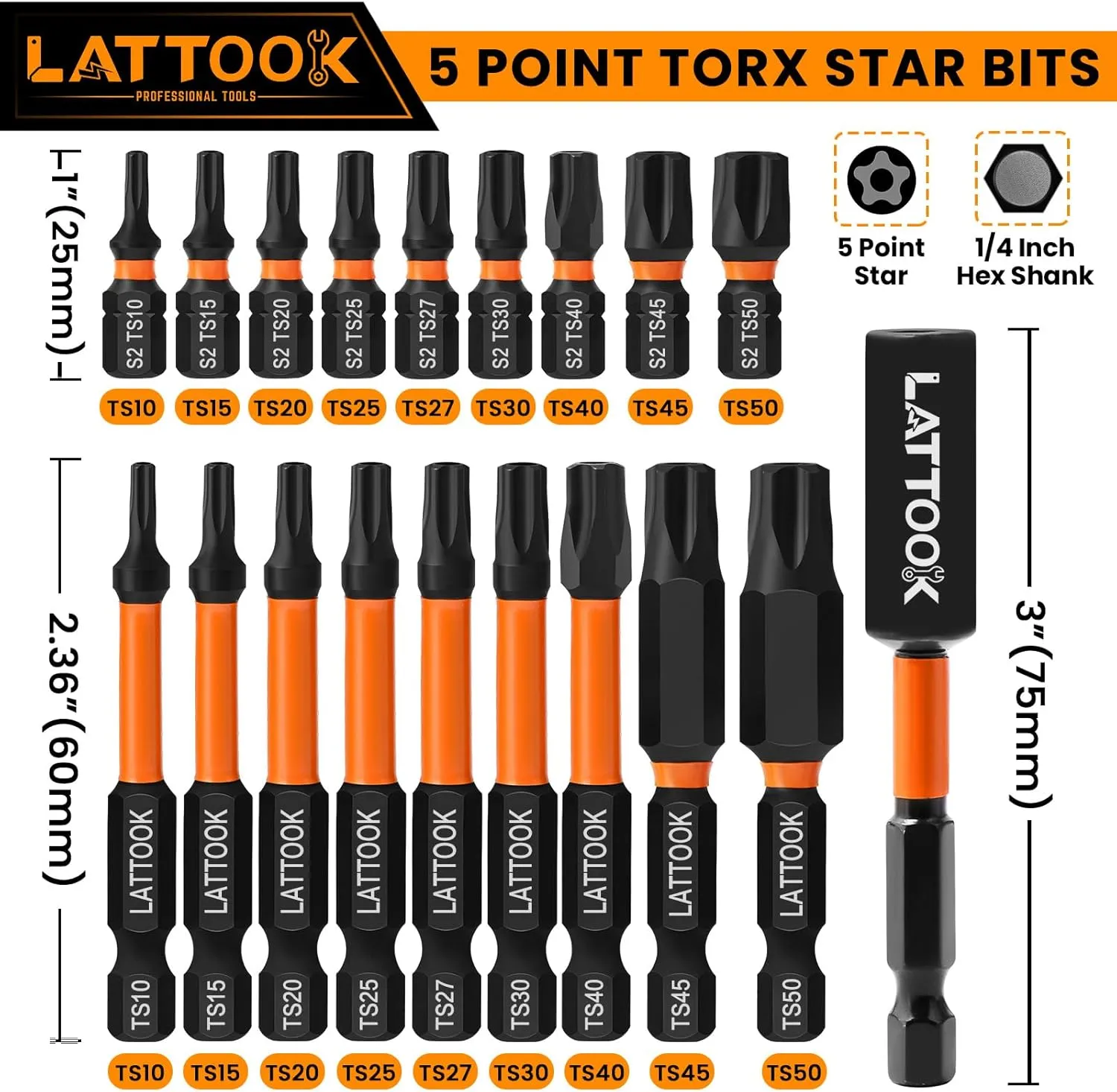 19-Pieces 5 Point Star Torx Bit Set, LATTOOK Security Tamper Proof Torx Driver Bit Set, Magnetic S2 Steel, 2.3'' & 1'' Long, T10, T15, T20, T25, T27, T30, T40, T45, T50