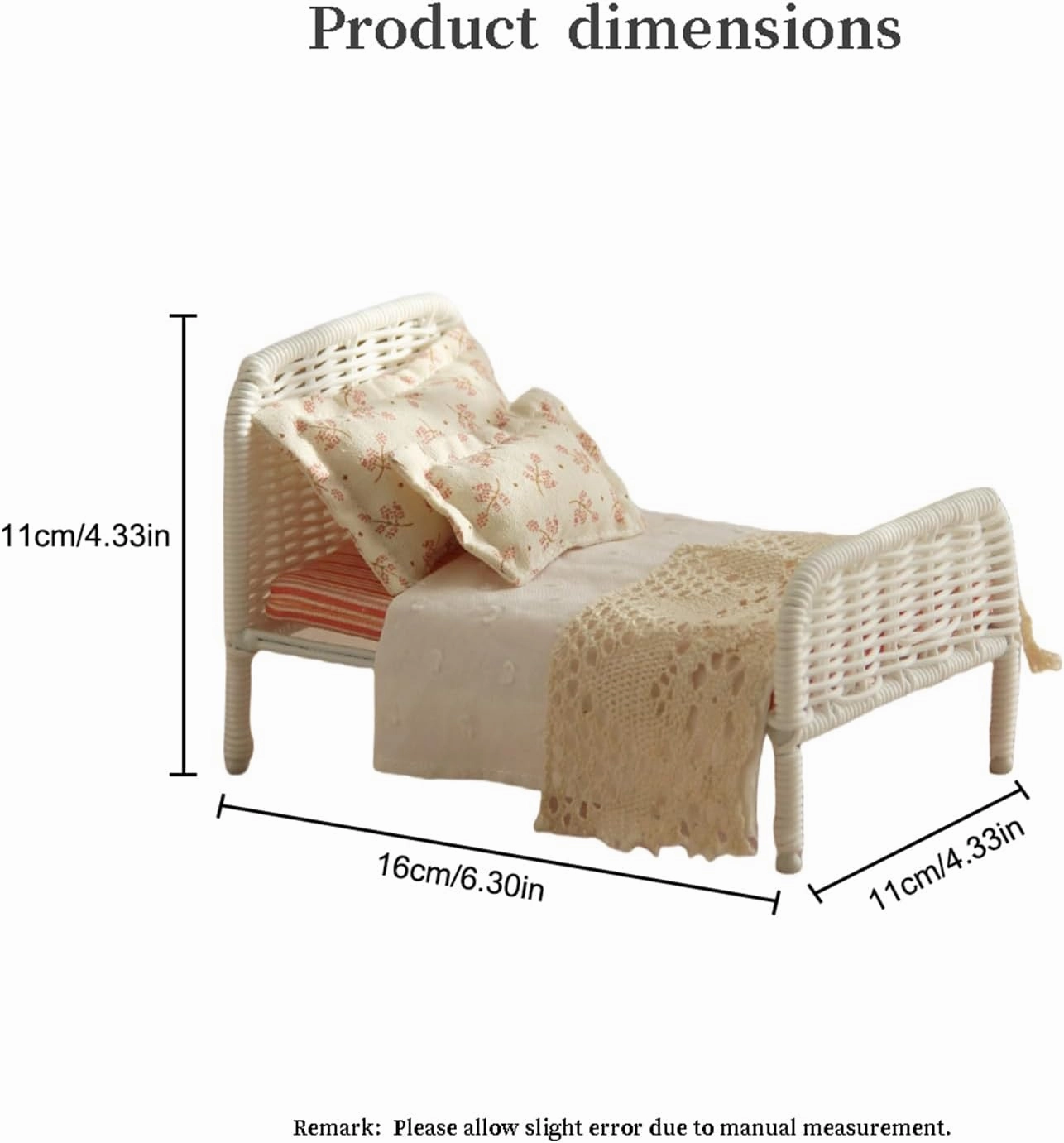 1:12 Dollhouse Furniture Bed, 1 Set Miniature Fairy Pastoral Style White Rattan Bed with Removable Lace Bedding, Modemn Bedroom Furniture Accessories Set
