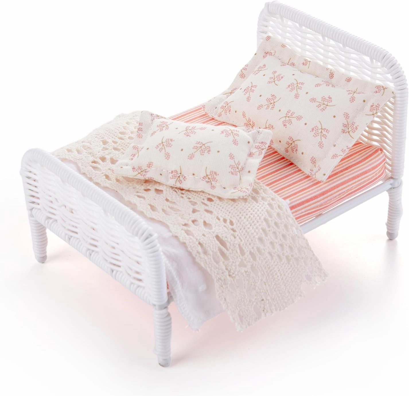 1:12 Dollhouse Furniture Bed, 1 Set Miniature Fairy Pastoral Style White Rattan Bed with Removable Lace Bedding, Modemn Bedroom Furniture Accessories Set