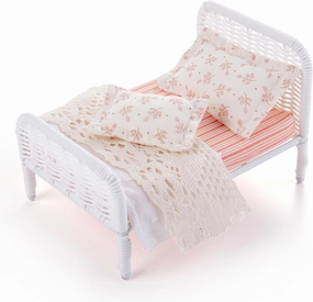 1:12 Dollhouse Furniture Bed, 1 Set Miniature Fairy Pastoral Style White Rattan Bed with Removable Lace Bedding, Modemn Bedroom Furniture Accessories Set