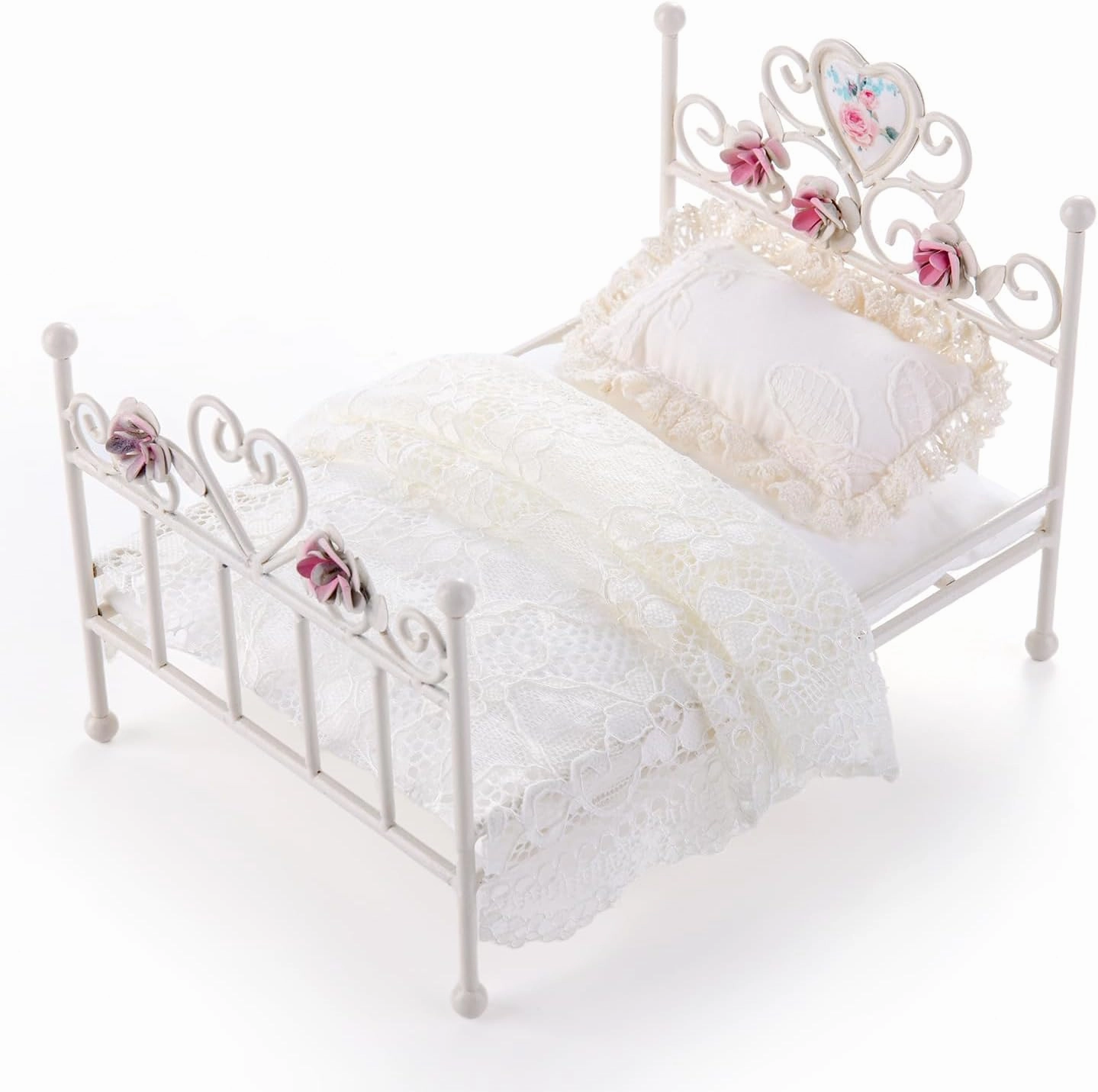 1:12 Dollhouse Furniture Bed, 1 Set Miniature White Hand Floral Engravings Iron Bed with Removable Bedding and Pillow, Miniature Furniture Gift for Dollhouse Lovers and Collectors