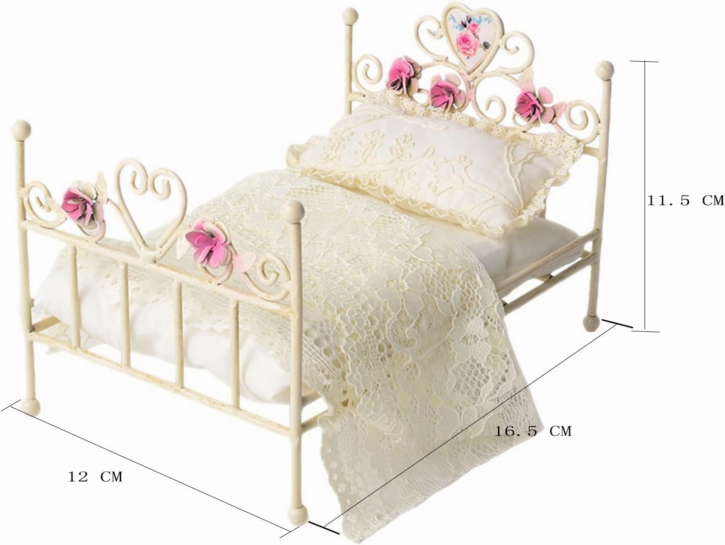 1:12 Dollhouse Furniture Bed, 1 Set Miniature White Hand Floral Engravings Iron Bed with Removable Bedding and Pillow, Miniature Furniture Gift for Dollhouse Lovers and Collectors
