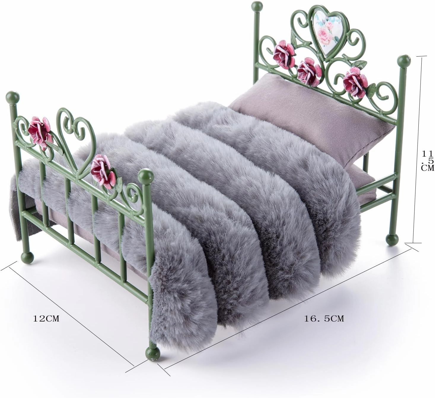 1:12 Dollhouse Furniture Bed, Green Hand Floral Engravings Iron Bed with Removable Bedding and Pillow, Miniature Furniture Gift for Dollhouse Lovers and Collectors