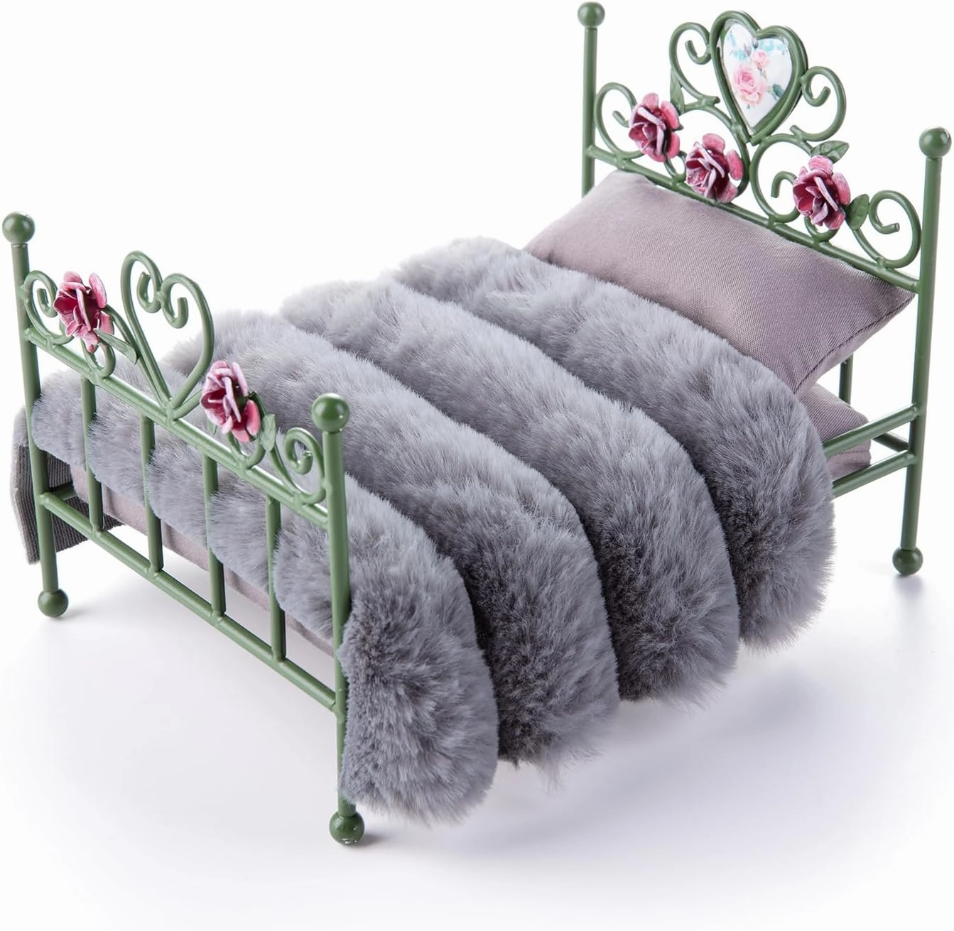 1:12 Dollhouse Furniture Bed, Green Hand Floral Engravings Iron Bed with Removable Bedding and Pillow, Miniature Furniture Gift for Dollhouse Lovers and Collectors