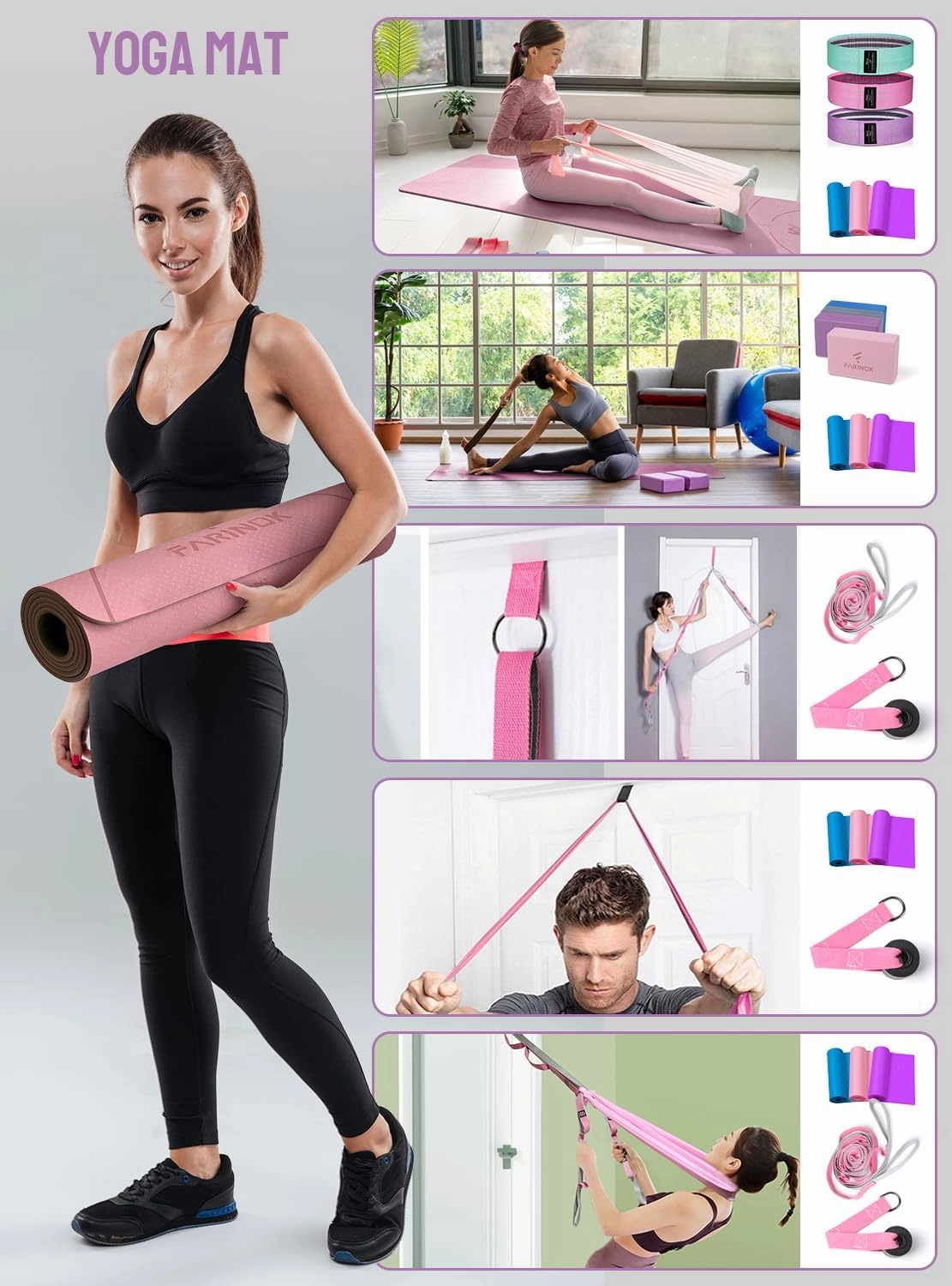 1/3 Yoga Mat Thick, Yoga Set for Beginners Include High Density Mat with Multi-loops Strap, Blocks, Booty Resistance Band Set, Door Anchor, Carring Bag & Strap