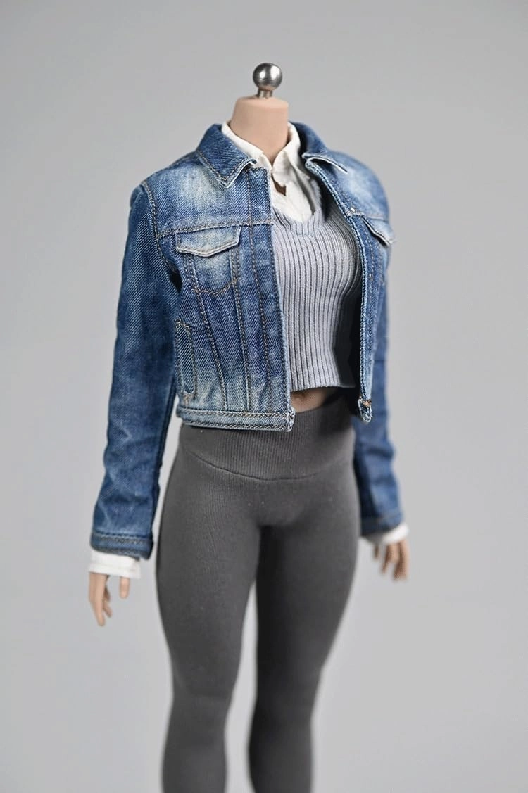 1/6 Scale Female Soldier Model Doll Clothes 12 Inch Action Doll Long Sleeve Denim Jacket, Flexible Seamless Doll Miniature Accessories Doll