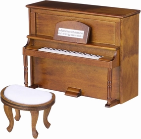 1set Miniature Upright Piano and Stool for Dollhouse Furniture Model Walnut Color Mini House Decor for Miniature Scenes and Crafts