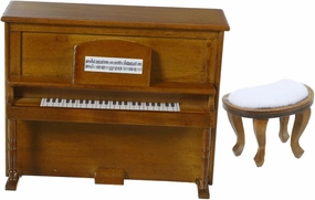 1set Miniature Upright Piano and Stool Model for Dollhouse Decor Walnut Color Mini Furniture Craft for Landscapes and