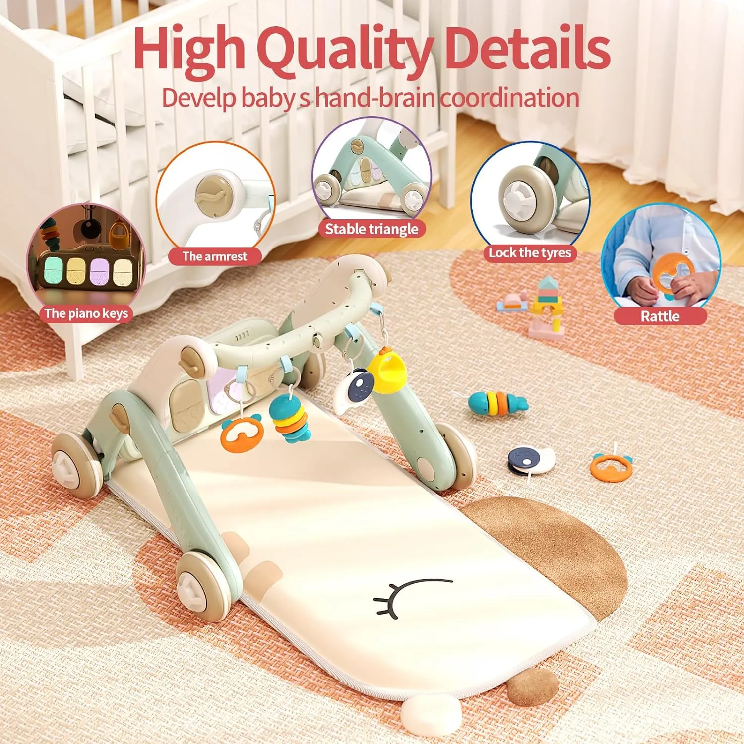 2 in 1 Baby Gym with Walker,Baby Play Mat with 4 Infant Learning Sensory,Double-Sided Multifunctional Removable Play Piano Panel,Sit-to-Stand Learning Walker for 0-24 Months Boy Girl [White]